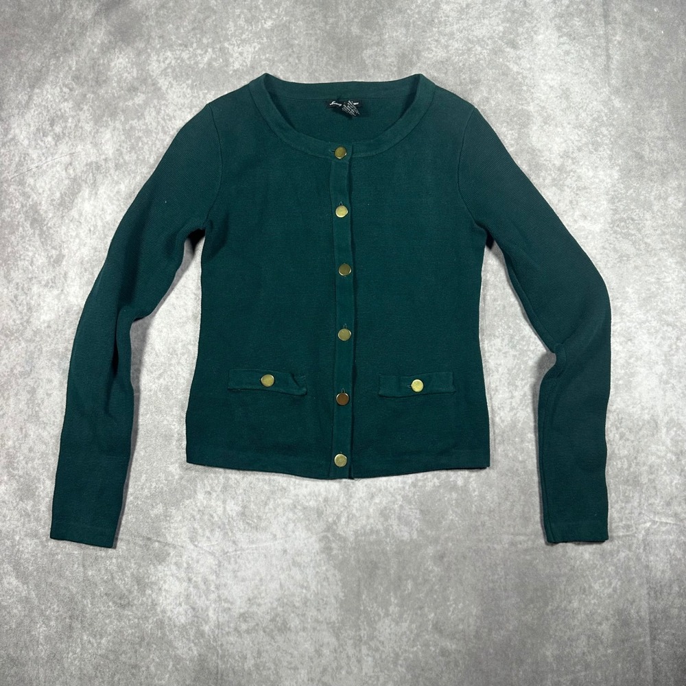 Audrey & Grace Womens S Dark Green Cotton Cardigan Sweater Gold Buttons Preppy